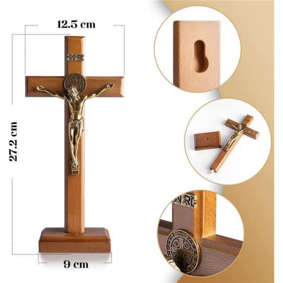 Crucifix Cross Catholic 10.7 Inch Wooden Jesus Christ Wall Cross Stand - Picture 3 of 7
